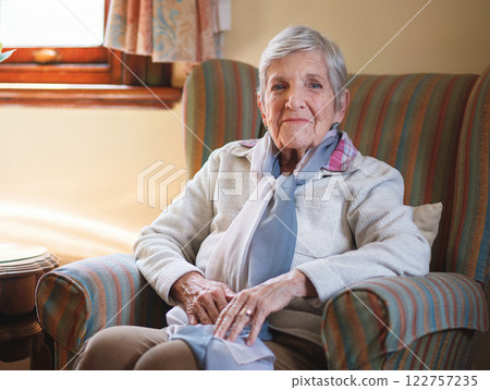 Elderly woman, portrait and living room happy for retirement, relax in apartment. Female person, senior lady and face for comfort in home for carefree positivity or proud age for peace, care or rest Elderly woman, portrait and living room happy for retirement, relax in apartment. Female person, senior lady and face for comfort in home for carefree positivity or proud age for peace, care or rest 122757235