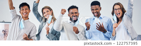 Banner of business people happy about end of covid pandemic, removing face mask in celebration and excited for office work. Portrait of team of workers winning with success and celebrate achievement Banner of business people happy about end of covid pandemic, removing face mask in celebration and excited for office work. Portrait of team of workers winning with success and celebrate achievement 122757395