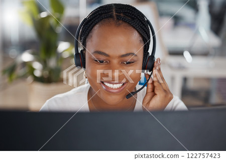 Call center, contact us support and customer service woman on computer working on crm customer consulting., Motivation and happy black receptionist, telemarketing and office communication consultant 122757423