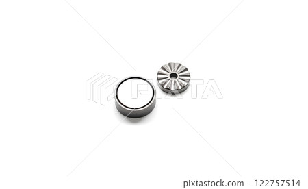 Blank white metal snap button mock up isolated, 3d rendering. Empty clothing jeans clasp mockup, front and back side view. Clear metallic fastener for dressmaking and cloth branding design. Blank white metal snap button mock up isolated, 3d rendering. Empty clothing jeans clasp mockup, front and back side view. Clear metallic fastener for dressmaking and cloth branding design. 122757514