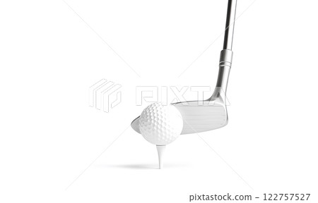 Blank white golf ball on tee with stick mockup, 3d rendering. Empty golfing equipment mock up, stand isolated. Clear bandy and sport ball, front view. 122757527
