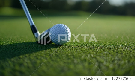 A closeup view of a golf club and ball placed neatly on a lush green golf course, surrounded by natures beauty 122757562