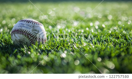 A vivid image of a baseball resting on a beautifully manicured green sports field under the sunlight A vivid image of a baseball resting on a beautifully manicured green sports field under the sunlight 122757580