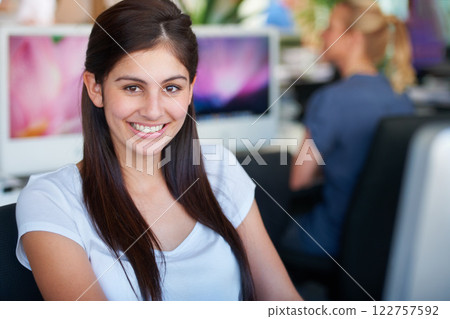 Woman portrait, Indian and web design startup worker with friendly and happy smile at the office. Young intern girl at trendy, cool and modern digital agency for creative graphic design people. 122757592