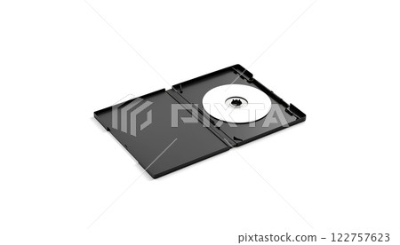 Blank white dvd disk in black plastic case mockup, isolated. Blank white dvd disk in black plastic case mockup, isolated. 122757623