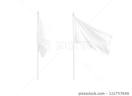 Blank white flags mockup set, plain and waving, 3d rendnering. Clear rippled flagpole design mock up. Pole with banner on wind. Business branding cloth pennon. Clean pillar for logo presentation. 122757649