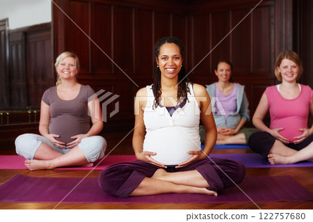 Portrait of happy pregnant women in yoga with leader or teacher teaching in training or class for fitness and meditation. Pilates exercise or workout with group for pregnancy wellness and health body 122757680