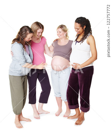 Pregnant, friends and support group community for multicultural women with mothers to be against white studio background. Health, wellness and pregnancy journey of happy, healthy and diverse women 122757772