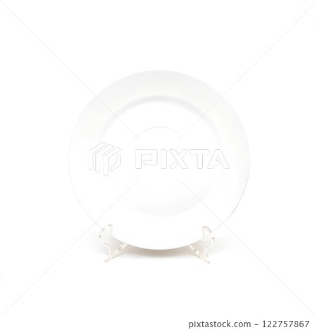 White blank plate mock up holder isolated. Empty dish mockup stand. 122757867