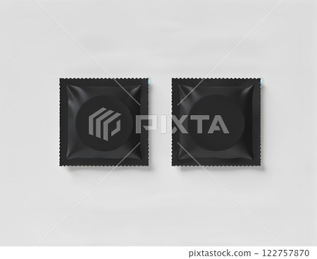Blank small plastic packet design mockup, 3d illustration, clipping path. Clear retort sachet mock up template. Clean black pouch bag for condom, wet napkin, sugar, shampoo or medicine powder. 122757870