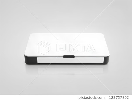 Blank white video cassette tape mockup, isolated, front view, clipping path. Clear vhs cassete case design mock up. 122757892