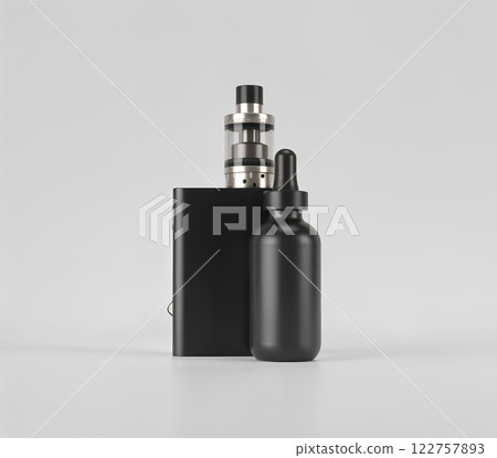 Blank black vape mod box with juice bottle mockup isolated, clipping path, 3d illustration. Clear smoking vapor with dropper flacon mock up template. Podbox vaporizer device presentation. 122757893