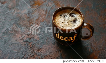 decaf mug of coffee in outdoor fall coffee shop. 122757910