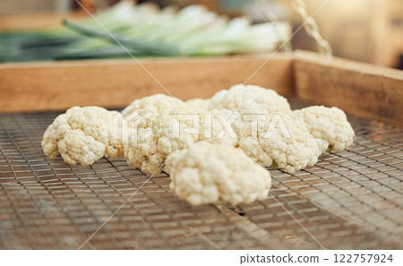 Agriculture cauliflower vegetables for nutrition, sustainability and health from eco friendly farm or farming market close up. Countryside sustainable organic vegetable for healthy vegan food diet 122757924