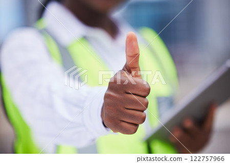 Thumbs up, yes and architect on industrial site happy with work goal achievement on project. Closeup of construction worker or engineer in agreement of building design for architecture plan. 122757966