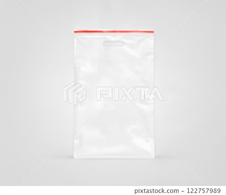 Plastic transparent zipper bag isolated, 3d illustration. Blank zip lock packaging design. Empty polythene ziplock sealed wrap. Clear pack mock up. Vacuum package mockup with red clip. 122757989