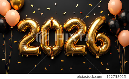 Decorative inflated foil balloon 2026 numbers, Christmas font mockup, dark background. 122758025