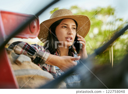 Sustainability farmer, worker and woman on a phone talking and planning a plant growth strategy. Sustainable, eco friendly farm hand on a work call about farming, agriculture and countryside project 122758048