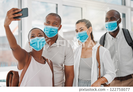Covid, friends and phone selfie of travel group with safety masks at the airport ready for a flight. Diversity of international people and global community with modern technology to document the trip Covid, friends and phone selfie of travel group with safety masks at the airport ready for a flight. Diversity of international people and global community with modern technology to document the trip 122758077
