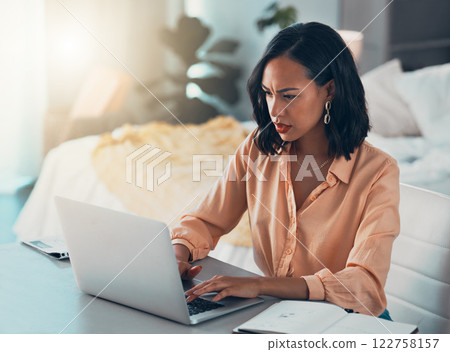 Confused, working and typing business woman having internet problems and thinking on a computer. Remote female online employee alone with a tech problem, web 404 error report or job trouble at home Confused, working and typing business woman having internet problems and thinking on a computer. Remote female online employee alone with a tech problem, web 404 error report or job trouble at home 122758157