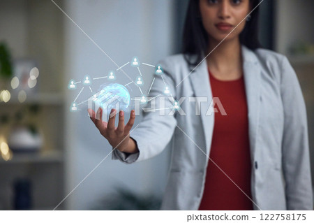 Businesswoman holding a digital globe, tech and networking at the office in the future. Big data, ai and a virtual sphere and social hologram showing connections between people. Businesswoman holding a digital globe, tech and networking at the office in the future. Big data, ai and a virtual sphere and social hologram showing connections between people. 122758175