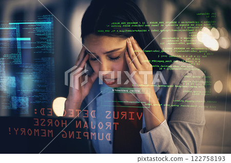 Stress, headache and programmer with depression gets a cyber security attack, virus or glitch. Anxiety, tired and sad business woman or worker in iot and big data hacked by a hacker at work. 122758193