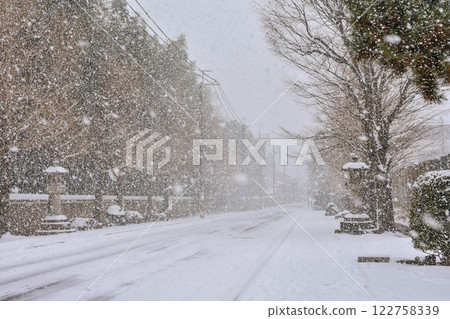 Kyoto City, Murasakino: Snow-covered streetscape from Imamiya Shrine to Kenkun Shrine 122758339