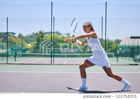 Fitness, exercise and sport with training tennis player playing competitive match at a tennis court. Woman athlete practicing cardio in a game. Young, strong player enjoying action and competition Fitness, exercise and sport with training tennis player playing competitive match at a tennis court. Woman athlete practicing cardio in a game. Young, strong player enjoying action and competition 122758355