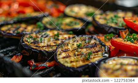 A delightful Grilled Vegetables Medley with fresh Basil A healthy option for gourmet cuisine lovers 122758364