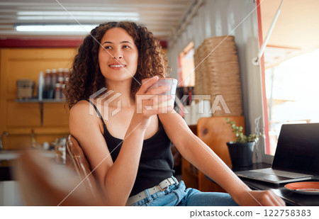 Morning, coffee and relaxed woman in a small business enjoying a warm beverage at work. Attractive young casual remote worker or freelancer thinking with ambition for success and growth in startup. Morning, coffee and relaxed woman in a small business enjoying a warm beverage at work. Attractive young casual remote worker or freelancer thinking with ambition for success and growth in startup. 122758383