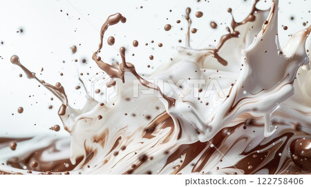 A dynamic splash of rich chocolate and fresh milk is creating a beautiful and artistic texture effect 122758406