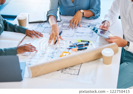 Architect blueprints, engineers and designers analyzing drawing, draft and sketch plan for construction project, layout and building. Closeup of team collaboration planning for property development 122758415