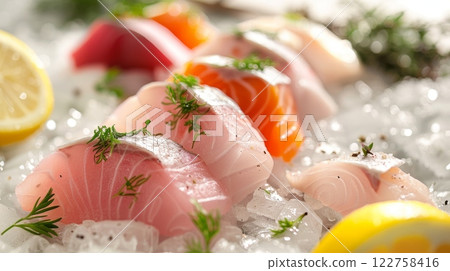 Enjoy Fresh SushiGrade Fish artfully presented on Ice, garnished with Lemon and fresh Herbs for flavor 122758416