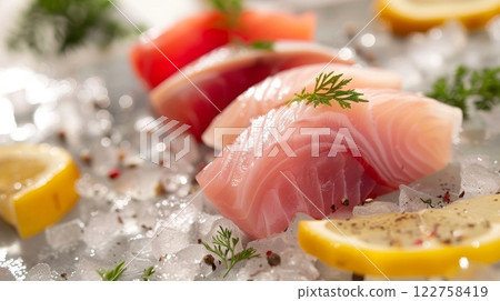 Enjoy Fresh SushiGrade Fish artfully presented on Ice, garnished with Lemon and fresh Herbs for flavor 122758419