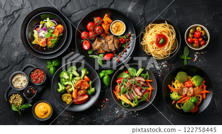 Enjoy a variety of Delicious Healthy Dishes made with Fresh Ingredients and presented on a Dark Background 122758445