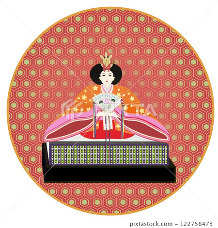 具有圓形背景的雌性小雞插圖 122758473