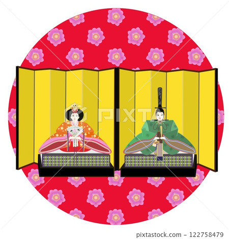 帶有圓形背景的皇帝和皇后娃娃插圖 122758479