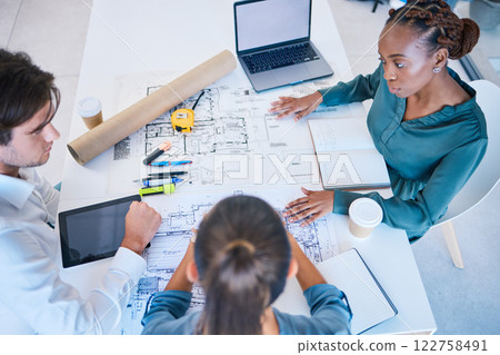 Architect blueprints, engineers and designers analyzing drawing, draft and sketch plan for construction project, layout and building from above. Team collaboration planning for property development 122758491