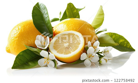 Lemons with leaves and flowers 122758492