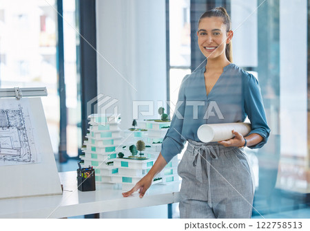 Architect blueprint, engineer and designer analyzing 3D scale building model, drawing and draft for construction project. Portrait of a creative designer working in commercial property development Architect blueprint, engineer and designer analyzing 3D scale building model, drawing and draft for construction project. Portrait of a creative designer working in commercial property development 122758513