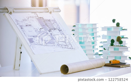Blueprints, architecture and design of building model with plans for construction in architectural office. Creative engineering, vision and real estate or residential planning with 3D structure 122758524