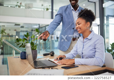 Learning, laptop training and coaching business intern while manager, boss and ceo helps woman in office. Planning ideas, kpi strategy and market innovation vision on technology with marketing leader Learning, laptop training and coaching business intern while manager, boss and ceo helps woman in office. Planning ideas, kpi strategy and market innovation vision on technology with marketing leader 122758527