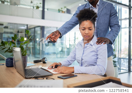 Human resources, sexual harassment and office woman with businessman, manager or boss inappropriate behavior in corporate. HR company employee compliance, policy and scared and uncomfortable worker 122758541