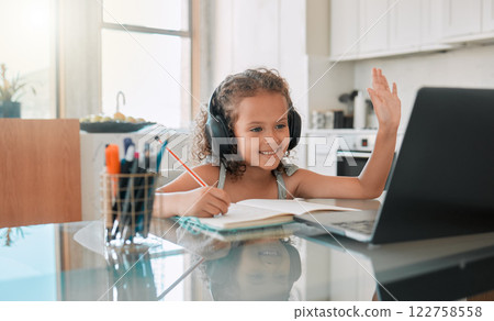 Homeschool, education and video call distance learning for child on laptop in home living room. Smile, writing and happy girl or waving student greeting on online school and study class for homework Homeschool, education and video call distance learning for child on laptop in home living room. Smile, writing and happy girl or waving student greeting on online school and study class for homework 122758558