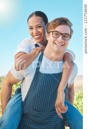 Love, smile and happy farmer couple in countryside, nature park or farm with growth in spring garden portrait. Interracial man and woman have fun on relax, sustainability and agriculture date Love, smile and happy farmer couple in countryside, nature park or farm with growth in spring garden portrait. Interracial man and woman have fun on relax, sustainability and agriculture date 122758606