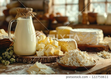 various dairy products arranged on a wooden table, with a pastoral feel. Capture a jug of milk, an assortment of cheeses, and fresh butter in soft natural lighting, highlighting the creamy textures various dairy products arranged on a wooden table, with a pastoral feel. Capture a jug of milk, an assortment of cheeses, and fresh butter in soft natural lighting, highlighting the creamy textures 122758611
