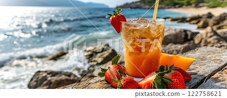 Summer cocktail drink l in tall glass, summer beach or sea coast 122758621