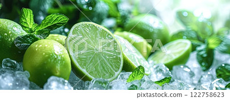 limes, mint and ice, mojito drink ingredients 122758623