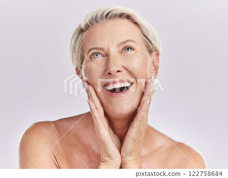 Senior, face and skincare woman happy with clear beauty, wellness and daily selfcare routine with mockup space. Happiness, smile and healthy person glowing, wrinkles and content portrait in studio 122758684
