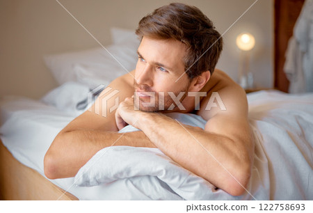 Stress, depression or anxiety man in bed in house bedroom thinking or looking frustrated, lonely or sad. Suffering from mental health burnout or worried about future after divorce or job loss at home Stress, depression or anxiety man in bed in house bedroom thinking or looking frustrated, lonely or sad. Suffering from mental health burnout or worried about future after divorce or job loss at home 122758693
